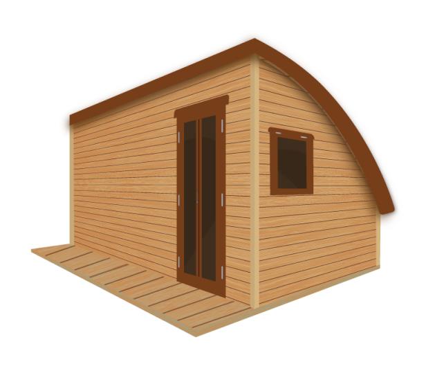 Darstellung einer Holzhütte des Models BUGG vor weißem Hintergrund.